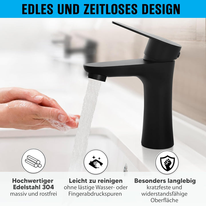 LEODERA Wasserhahn Bad Schwarz, Waschtischarmatur Edelstahl, Einhebelmischer Badezimmer, Waschbecken