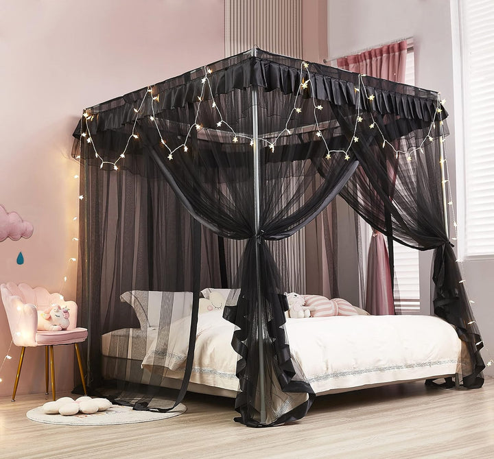 Mengersi Betthimmel, 4 Ecken, Bettvorhang, Netz, elegant, voll, schwarz, H199.4 x B134.6 cm (1er Pac