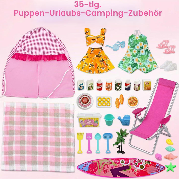 35 PCS Kleidung Camping Sets Kompatibel mit Barbie 11,5 Zoll Puppen, 1 Zelt, 1 Picknickdecke, 1 Stuh