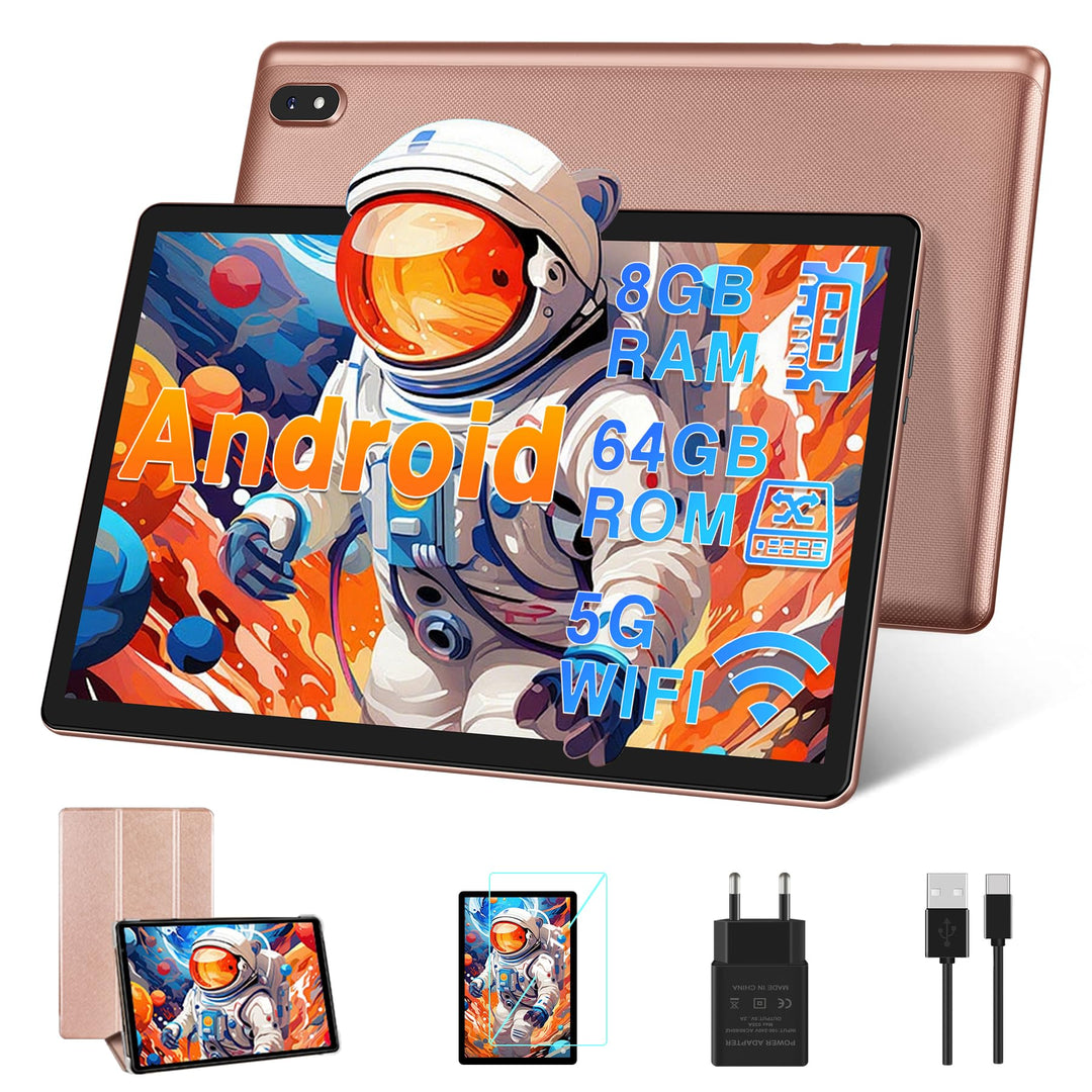 DMOAO Tablet 10 Zoll Android mit 5G WLAN, 8GB RAM + 64GB ROM(TF 1TB), Octa-Core 2.0 GHz, BT 5.0, Fac