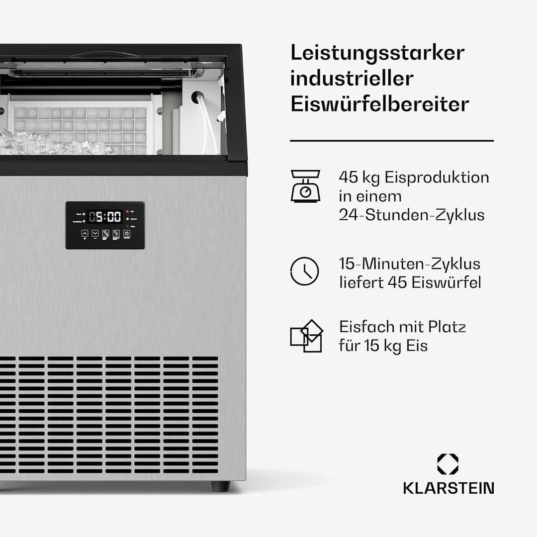 Klarstein Glacial Eiswürfelmaschine - 45 kg/24 h, 370 W Kompressor, 15 kg Behälter, Multitouch-Panel