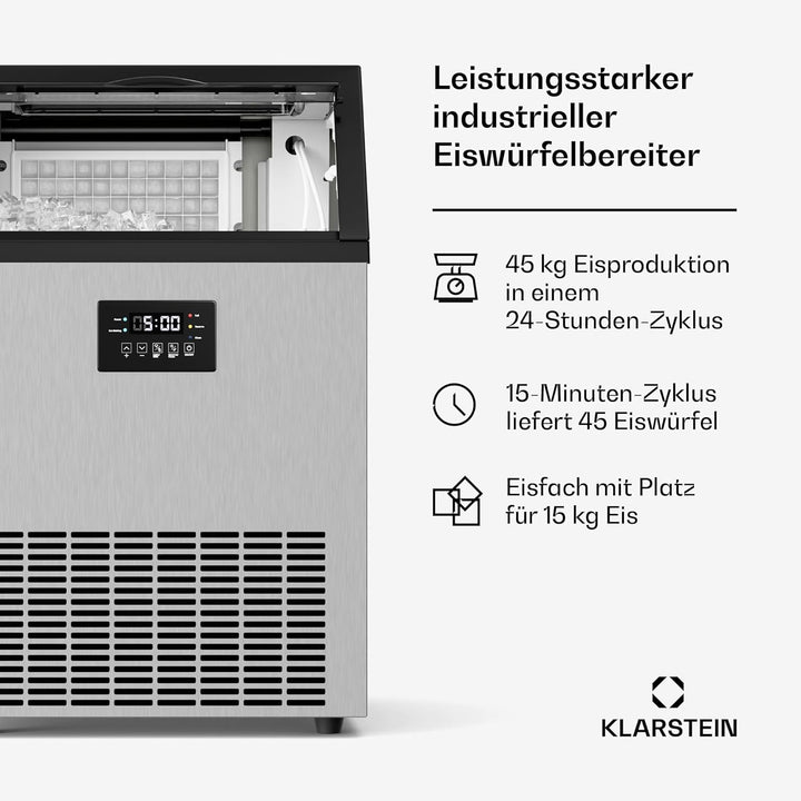 Klarstein Glacial Eiswürfelmaschine - 45 kg/24 h, 370 W Kompressor, 15 kg Behälter, Multitouch-Panel