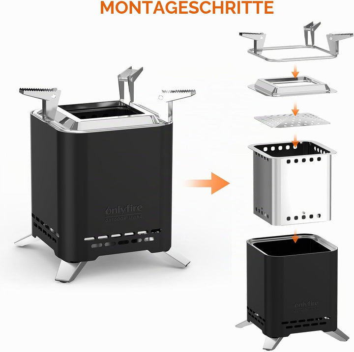 Onlyfire 2-in-1 Quadratische Rauchfreie Feuerstelle mit Topfhalterung &amp; Tragetasche, 16,5cm Tragbare