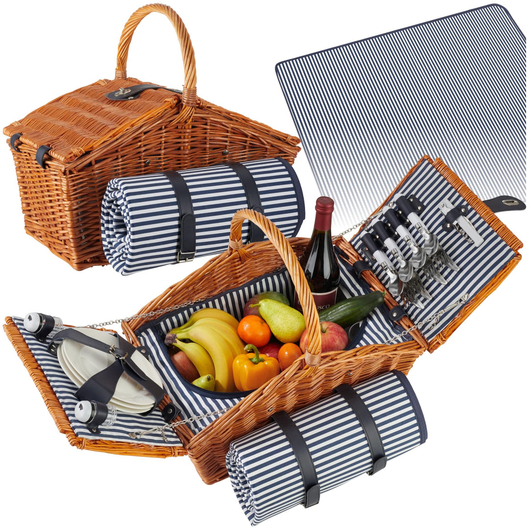 tectake® Picknickkorb und Picknickdecke 4 Personen, befüllter Picnic Basket Weidenkorb für Ausflug,