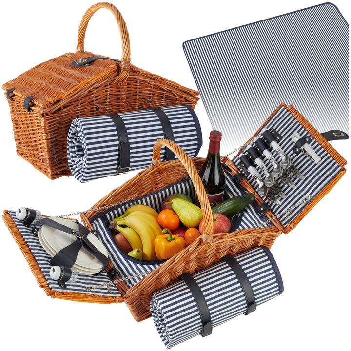 tectake® Picknickkorb und Picknickdecke 4 Personen, befüllter Picnic Basket Weidenkorb für Ausflug,