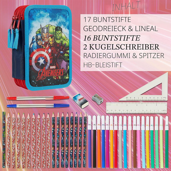 Marvel Federmäppchen für Jungen, Federmäppchen, Fächer, gefüllt, für Schule, Filz, Buntstift, Gesche