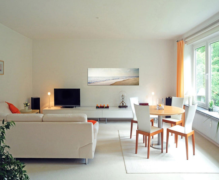Paul Sinus Art Panoramabild auf Leinwand und Keilrahmen 150x50cm Strand Meer Wolkenhimmel Vintage