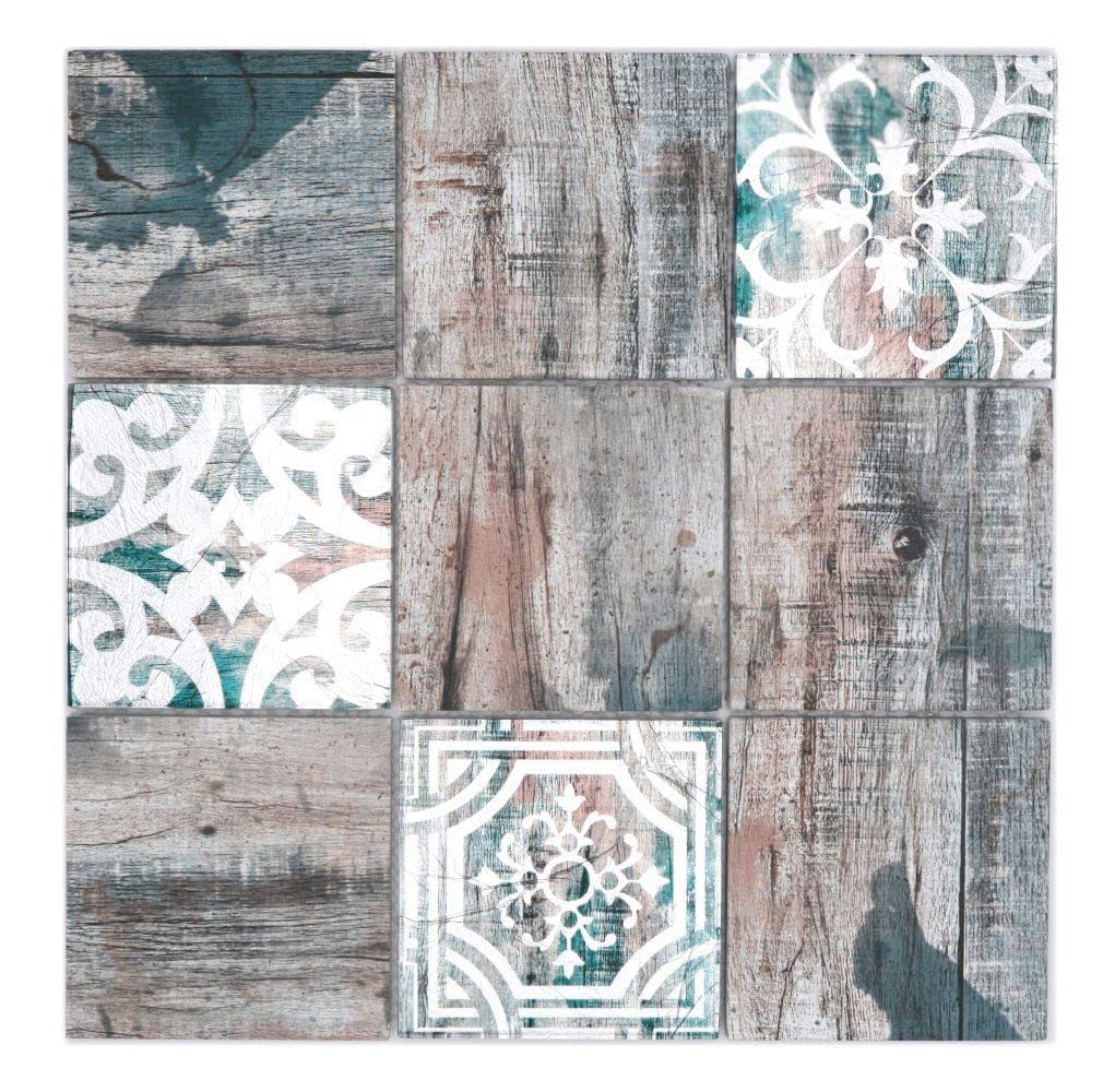 Mosaikfliese Glasmosaik Piastrella Vintage Patchwork grau braun pastell grün Holzoptik Ornament Küch