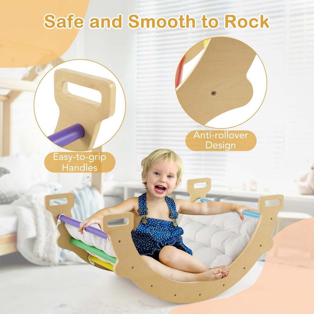 HOMASIS Kletterbogen mit Kissen, Holz Klettergerüst Indoor, Montessori Holzwippe Bogenwippe zum Wipp