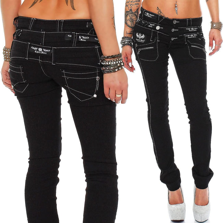 Cipo &amp; Baxx Damen Jeans – Slim Fit &amp; Used Look | Modische Kontrastnähte &amp; Mehrtaschen | Bequeme Stre