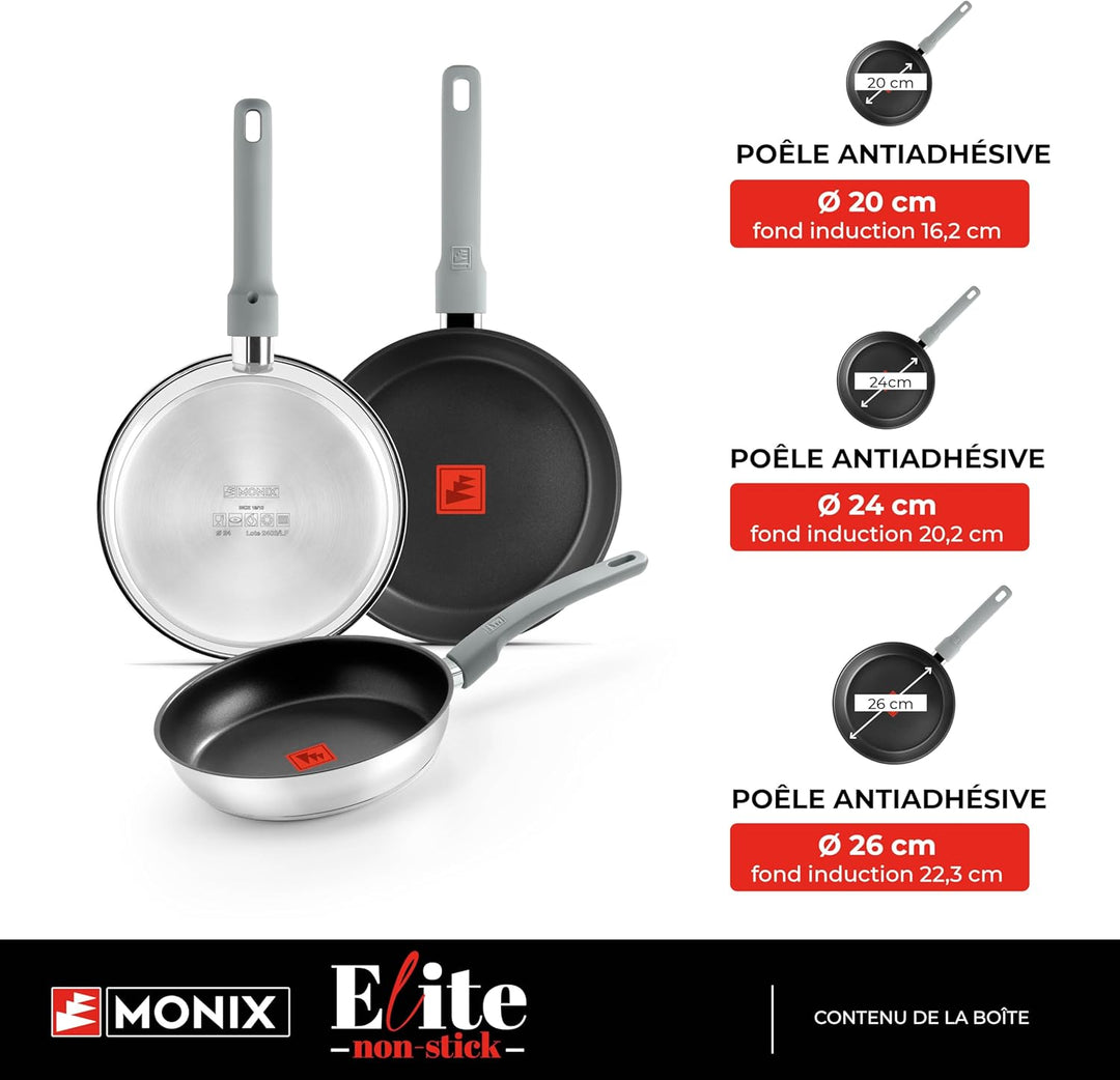 Monix Elite Non Stick Set mit 3 Pfannen, 20-24 - 26 cm, Edelstahl 18/10, dreilagige Antihaftbeschich