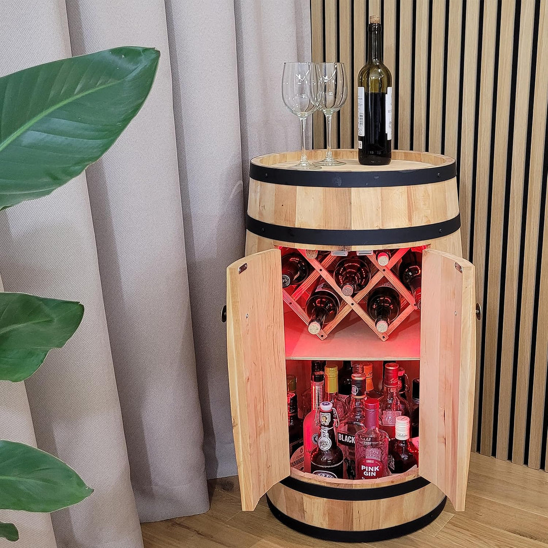 weeco - Fassbar mit Tür und Weinhalter RGB-LED-Beleuchtung - Weinregal. Hausbar Weinrack 80 cm. Rust