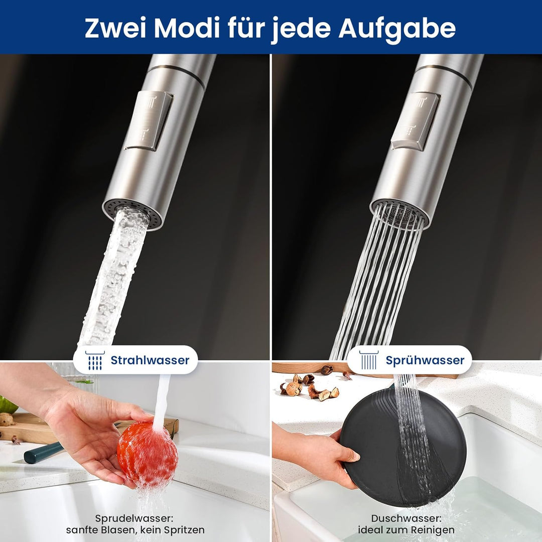 CECIPA Wasserhahn Küche Ausziehbar Edelstahl, Küchenarmatur mit Brause 2 Strahlarten, Spültischarmat