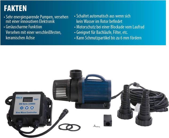 AquaForte Filter-/Teichpumpe DM-30.000 Vario S, 115-335W, Förderhöhe 9,5m, regelbar mit externem Con