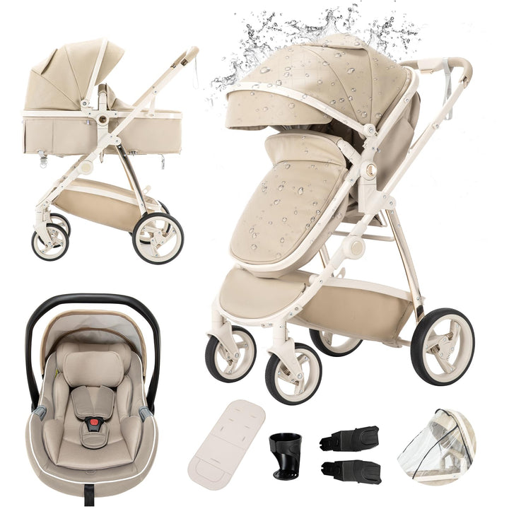 Gcarebb PU Leder 3 in 1 Kinderwagen, Buggy Mit Auto Babyschale, Mit Einem Klick Zusammenklappbarer T