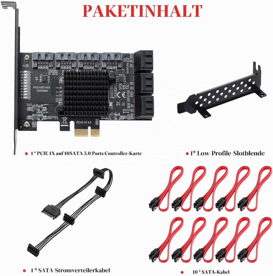 MZHOU PCIe SATA Karte 10 Port, PCI-E zu SATA Erweiterungskarte,6Gbps Controllerkarte Unterstützung v
