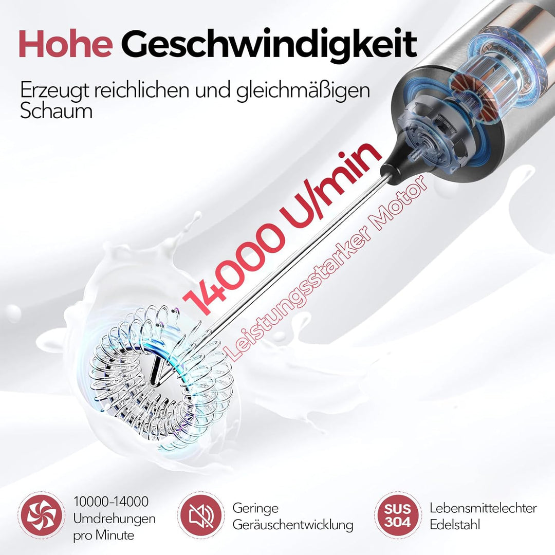 YARRAMATE Edelstahl Akku Handheld Milchaufschäumer Mit Ständer – Elektrischer 3-Gang Rührstab Mit 2
