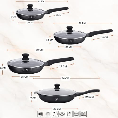 Stone&Stone Set mit 4 Pfannen 20 cm, 24 cm, 28 cm, 32 cm Super Antihaftbeschichtung | Induktion und