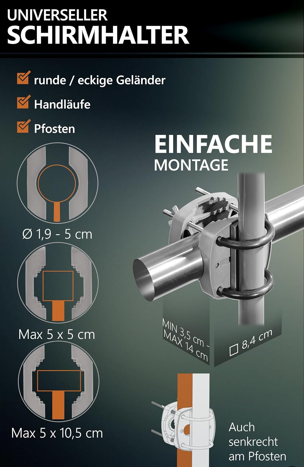 4smile Sonnenschirm Balkon SunnyShade, Sonnnenschutz Balkon SET 4-in-1, UV50+ SunnyEasy Sonnenschirm
