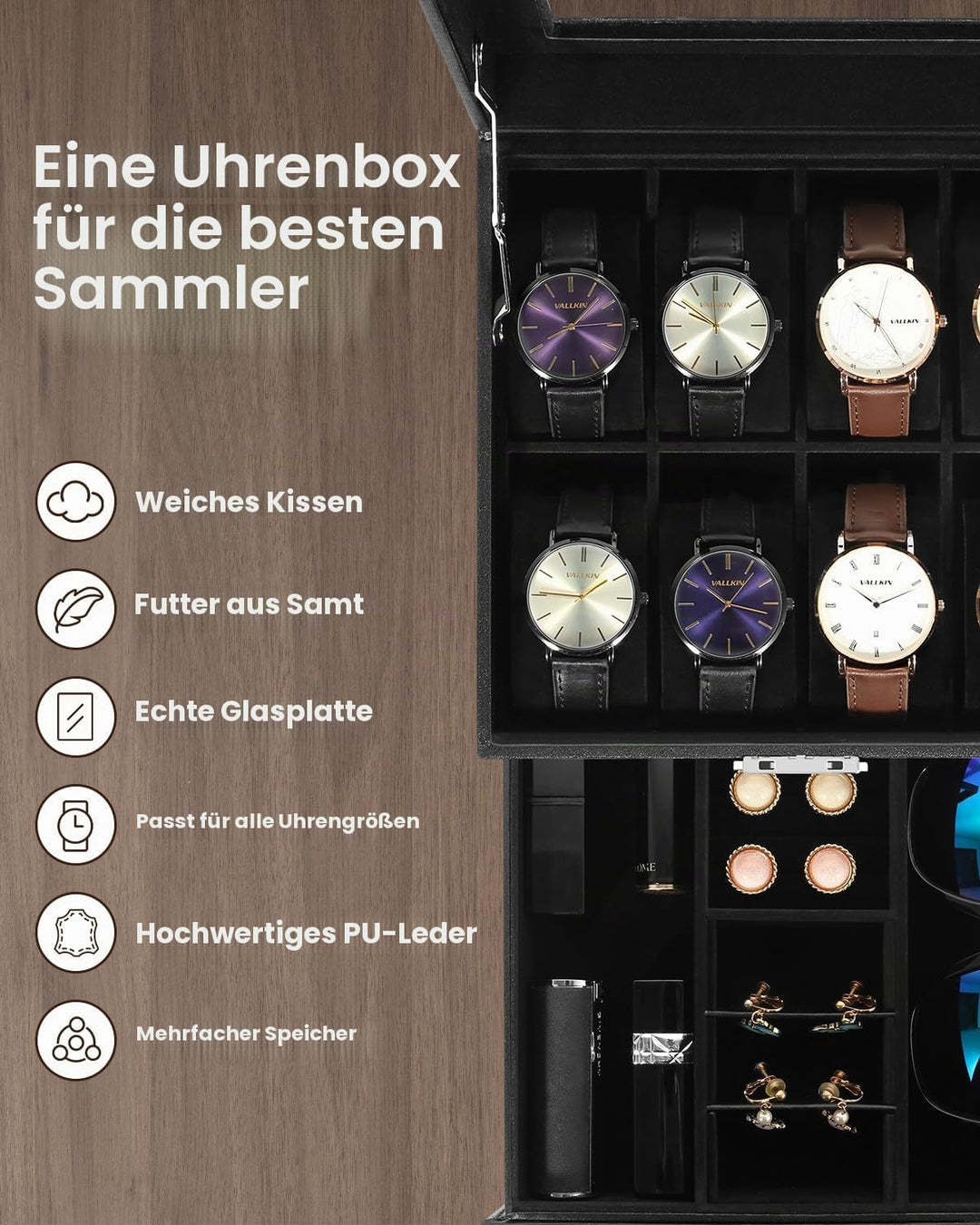 Uten Uhrenbox, 8 Fächern und 1 Schublade mit Schlüsselschloss, Glasdeckel, Schwarzes PU, Schwarzes S