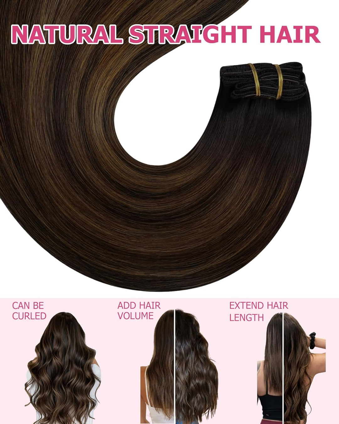 YoungSee Extensions Clip in Braun Ombre Remy Glatt Haar Clip in Extensions Echthaar Ombre Dunkelbrau