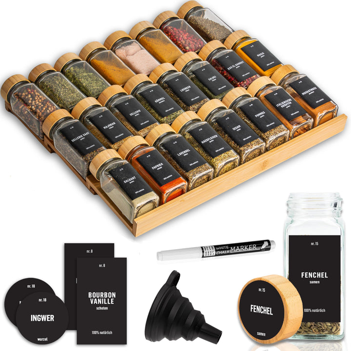 Deco haus® Gewürzregal Schublade [MIT 24 GEWÜRZGLÄSER & ETIKETTEN] - Gewürz Organizer Schublade - Ge
