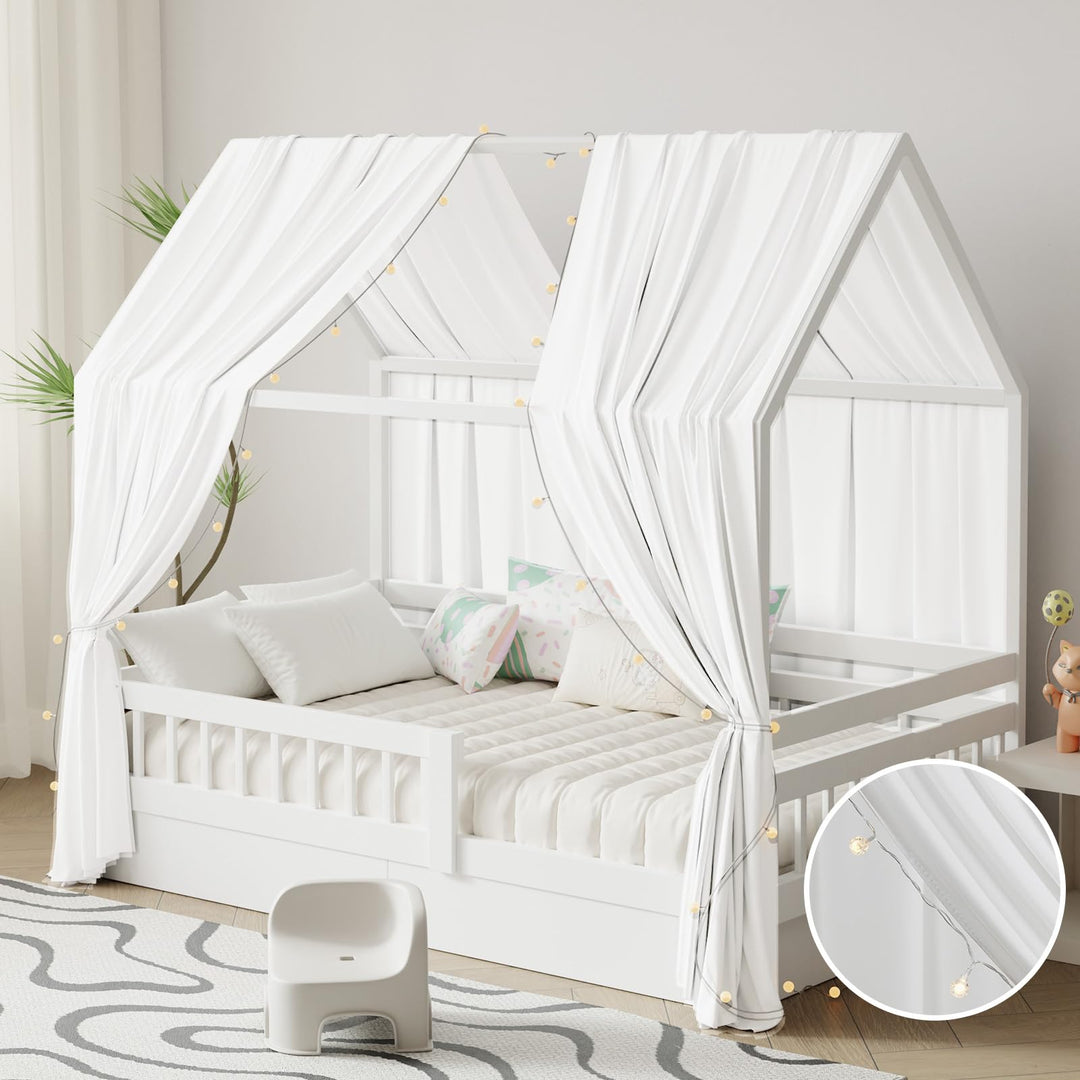 Hausbett Himmel mit Lichterkette 2 Stück Deko Baldachin Hausbett Vorhang,Betthimmel Musselin Stoffhi