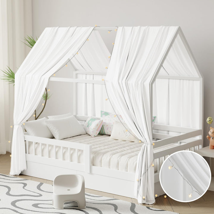 Hausbett Himmel mit Lichterkette 2 Stück Deko Baldachin Hausbett Vorhang,Betthimmel Musselin Stoffhi