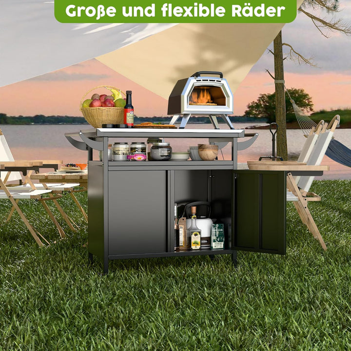 Grillwagen Grilltisch, Pizzatisch mit 4 Rollen,304 Tischplatte aus Edelstahl,Rollwagen zum Grillen,
