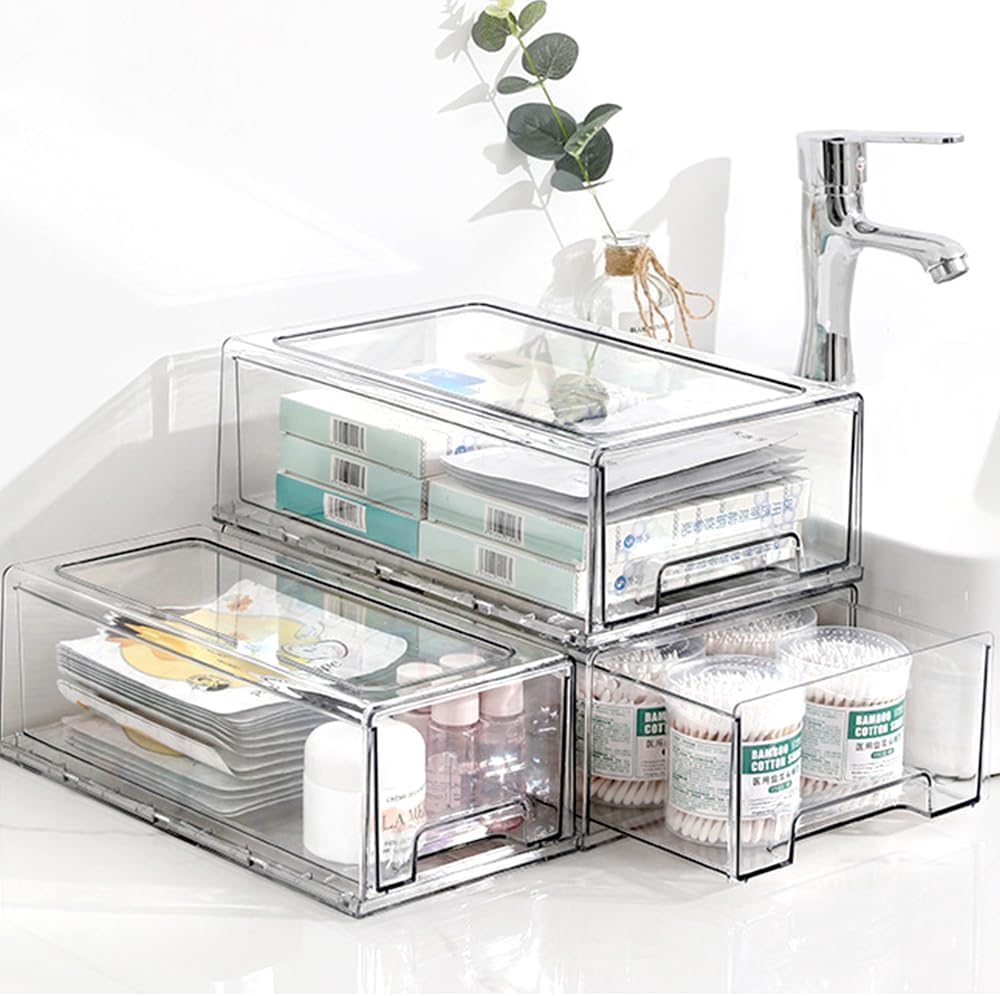 2pcs Stapelbarer Schminktisch Organizer, Grosser Schubladenbox aus Acryl, Kühlschrank-Aufbewahrungsb