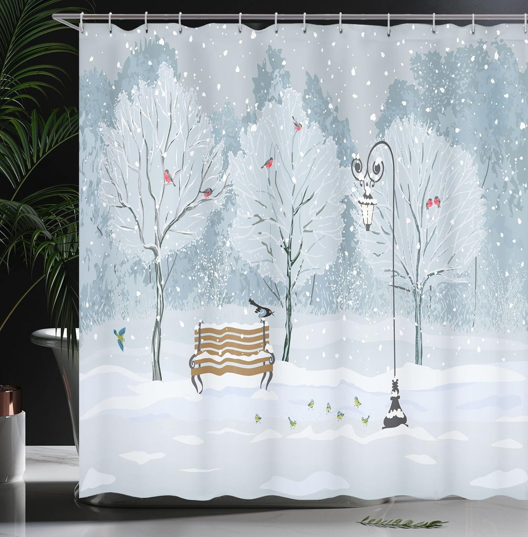 ABAKUHAUS Winter Duschvorhang, Schnee in Park Weihnachtsbaum, Stoffliches Gewebe Badezimmerdekoratio