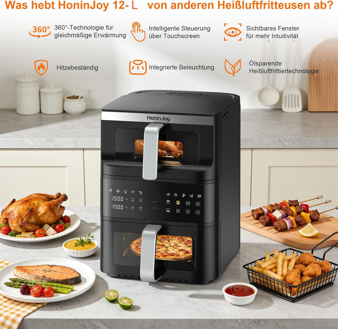 12L Air Fryer 2 Kammern,Vertikale Doppelkammer 10-in-1 Voreingestellten Programmen Heissluftfritteus
