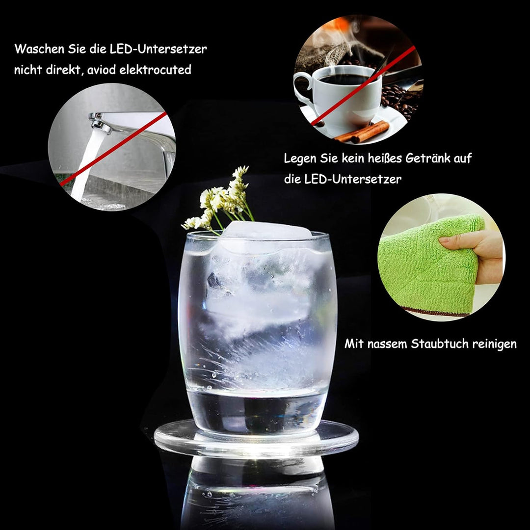 MEDOYOH 8er-Set Kühle Weiss LED Untersetzer für Getränke, ON/Off Wasserdicht Rund Untersetzer Acryl