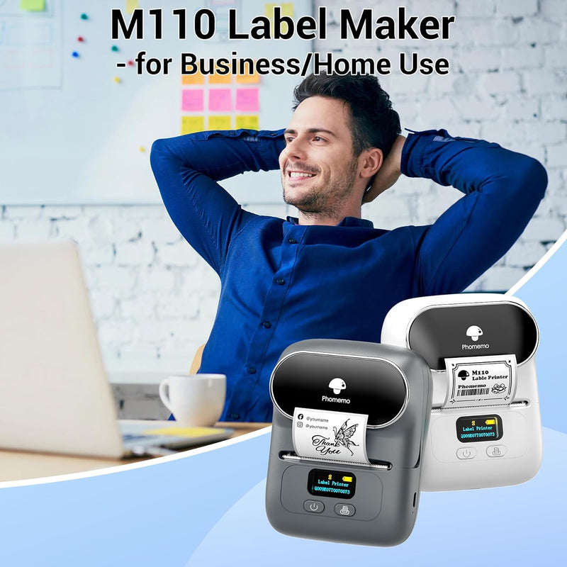 Phomemo M110 Etikettendrucker Selbstklebend mit 3 Etikettenrollen - Thermo Etikettiergerät Bluetooth