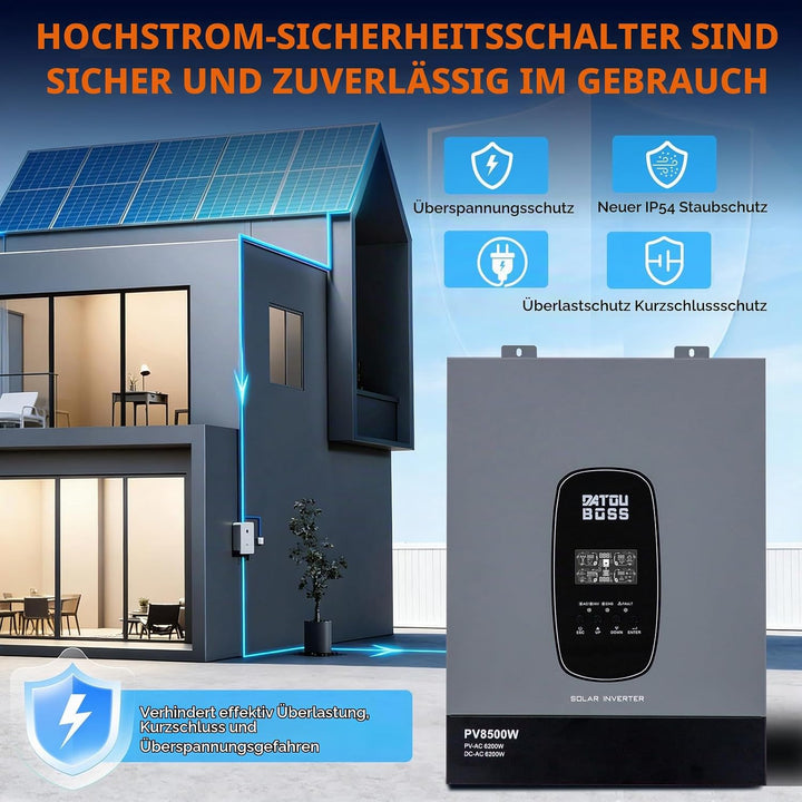 DATOUBOSS 6200W 48V Hybrid Wechselrichter Reiner Sinus, MPPT 120A, 8500W PV Eingang, 48V Lithium kom
