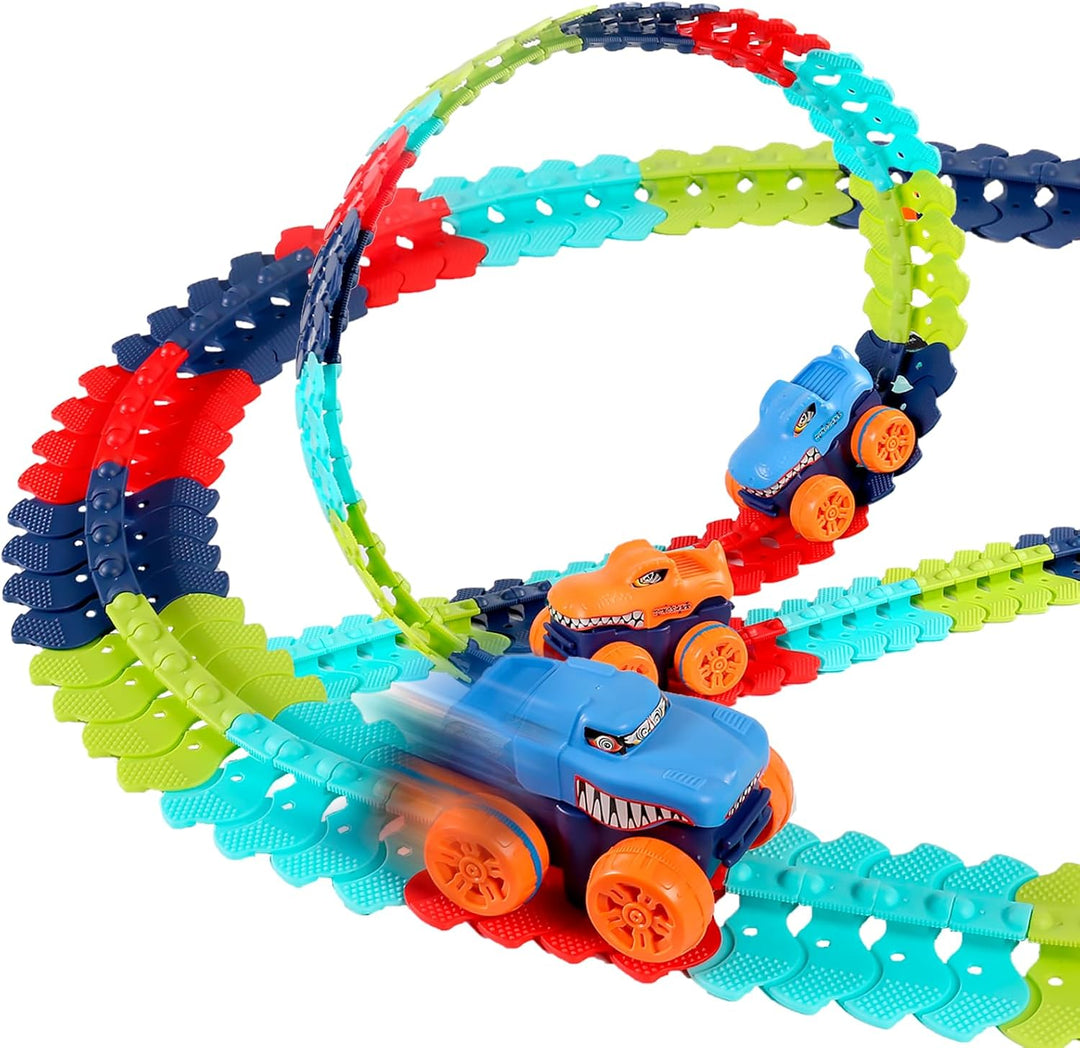 Kinder Rennbahn Spielzeug, 150pcs Autorennbahn Auto Spielzeug mit 2 Glow Cars Spielzeug, Autorennbah