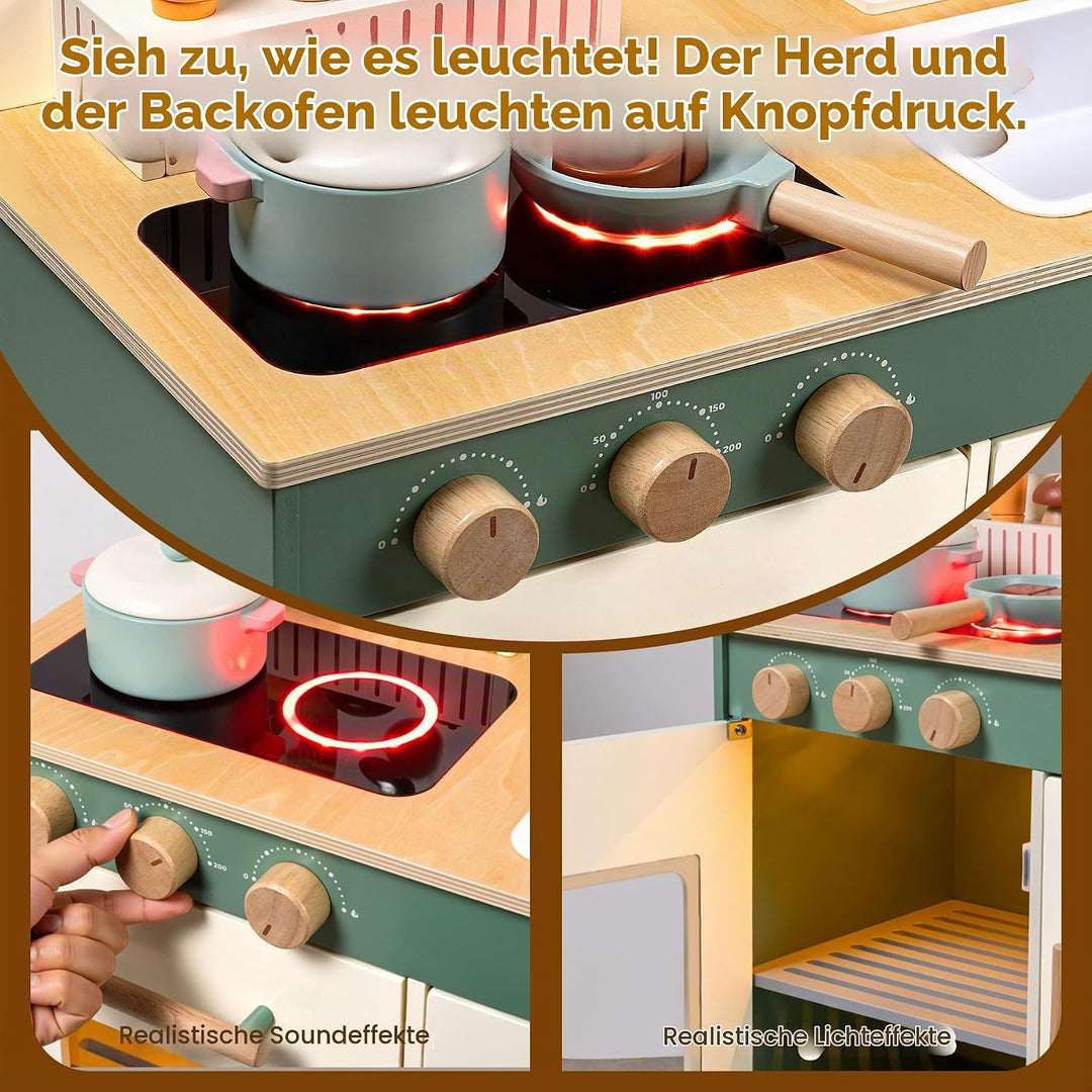 TOYWOO Kinderküche Holz mit Licht &amp; Sound, Spielküche für Kinder ab 3 Jahren mit Schneidelebensmitte