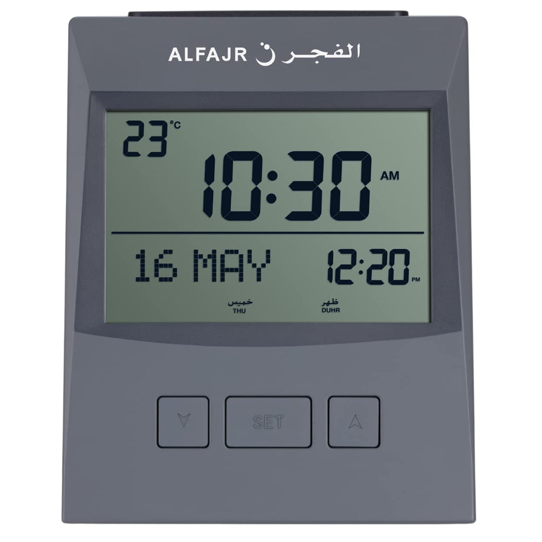 ALFAJR Tischwecker, Kompakte Solide Ausführung, Digitale Uhr mit Azanrechner und Hijrikalender Grau,