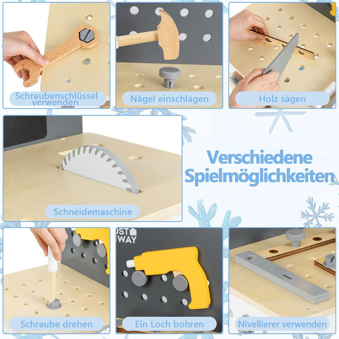 COSTWAY Werkbank Kinder, Kinderwerkbank Holz mit Stecktafel, Kreidetafel und Ablageregal, Werkzeugba