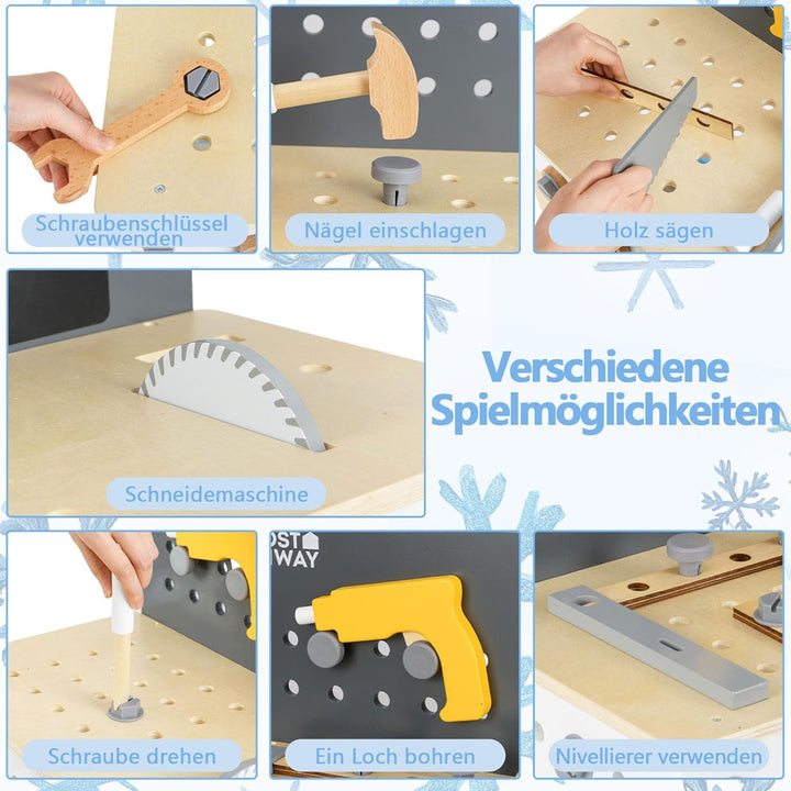 COSTWAY Werkbank Kinder, Kinderwerkbank Holz mit Stecktafel, Kreidetafel und Ablageregal, Werkzeugba