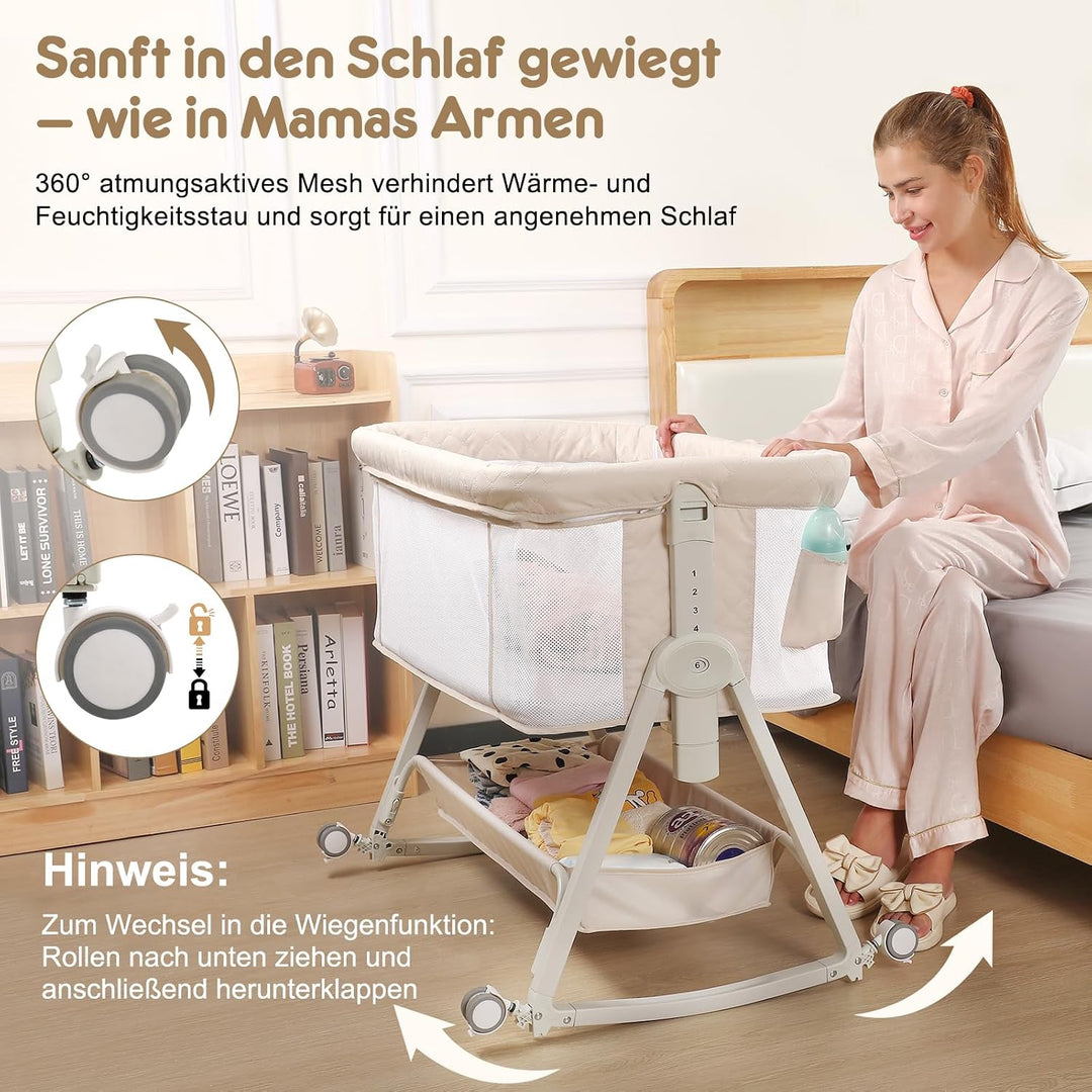 Baby Beistellbett 4-in-1 mit Wiegefunktion, Stubenwagen, 6-Fach Höhenverstellbar, 360° Atmungsaktive
