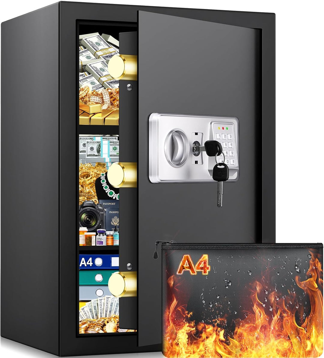 Mejasg 64L Safe Tresor Feuerfest mit Feuerfeste Dokumententasche&2 Herausnehmbares Regal, Möbeltreso