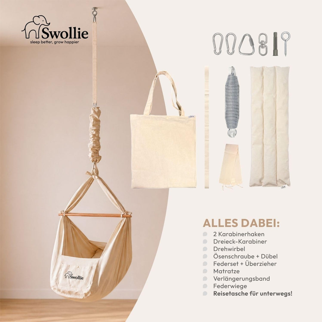 Premium Federwiege beige | für Babys ab Geburt bis 15 Kg | Bio-Baumwolle