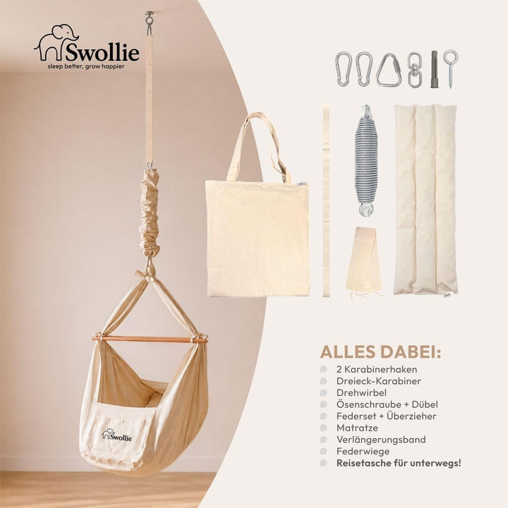 Premium Federwiege beige | für Babys ab Geburt bis 15 Kg | Bio-Baumwolle