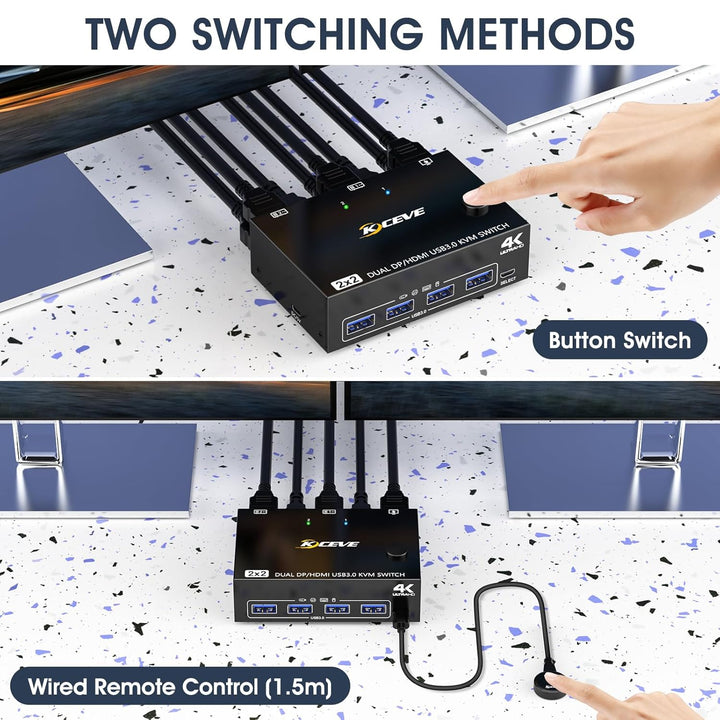 Displayport+HDMI KVM Switch 2 PC 2 Monitore 4K@60Hz, MLEEDA Dual Monitor KVM Switch mit 4 USB 3.0 Po