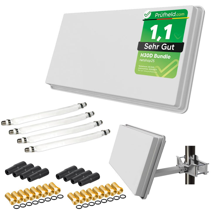 netshop 25 Set: SELFSAT H30D4+ Flachantenne Quad + Fensterhalterung + 4 Fensterdurchführung + 16 F-S