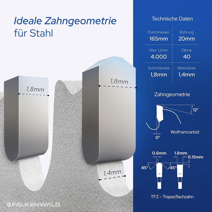 FALKENWALD ® Sägeblatt 165x20 mm ideal für Stahl - Kreissägeblatt 165x20 kompatibel mit Tauchsäge &
