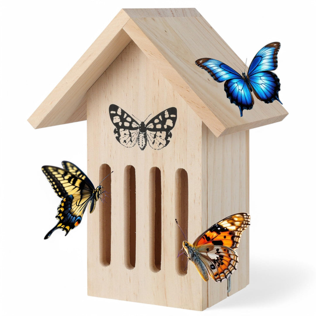MIJOMA Schmetterlingshaus aus Holz – Wetterfestes Insektenhotel für Schmetterlinge – Schutz vor Fres