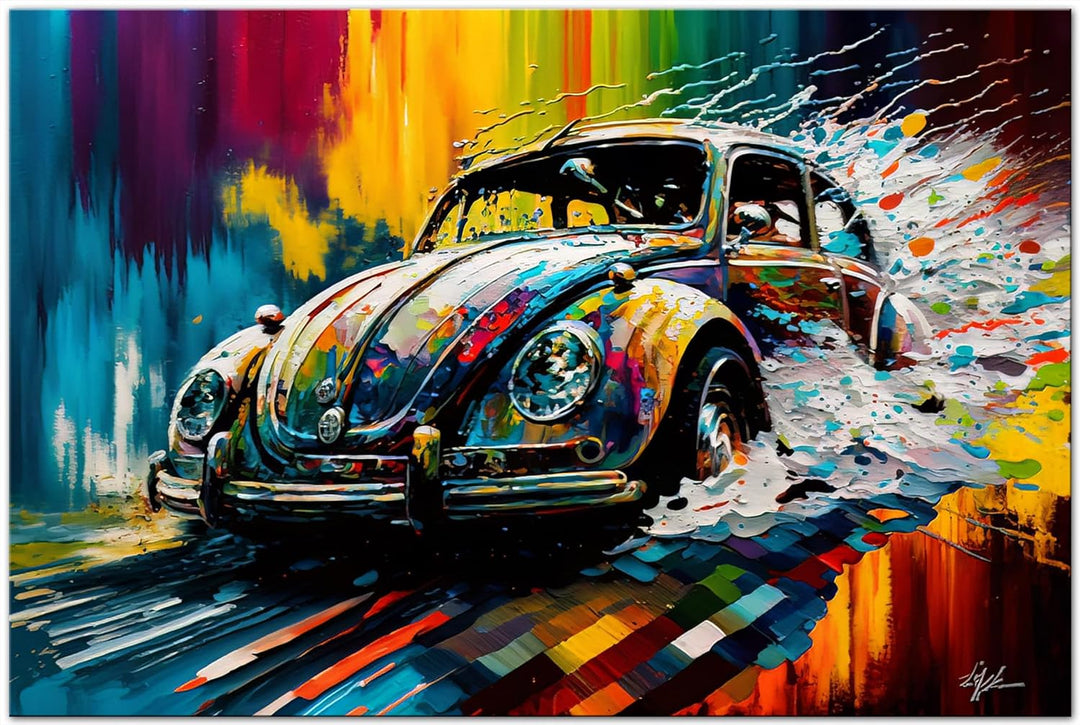 PRINTONIA Bild auf Leinwand 120x80 cm Volkswagen VW Käfer Oldtimer Abstrakt Grafik Art Automobil Bil