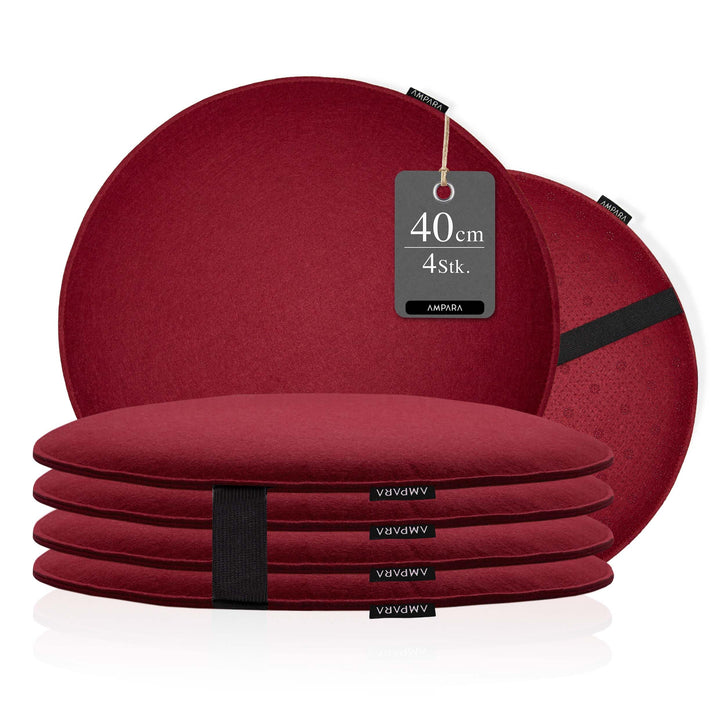 4er Set - Edle Stuhlkissen rund 40cm - rutschfest & gemütlich, Stuhlauflage rund aus Filz, rot, Rot